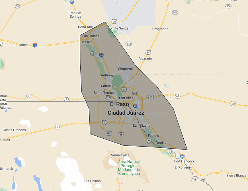 service area map Roof Solutions & Construction El Paso, TX